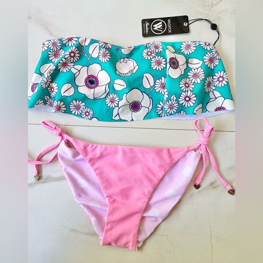 NWT Wildfox retro floral strapless ruffle seashell, baby pink rainbow bikini set